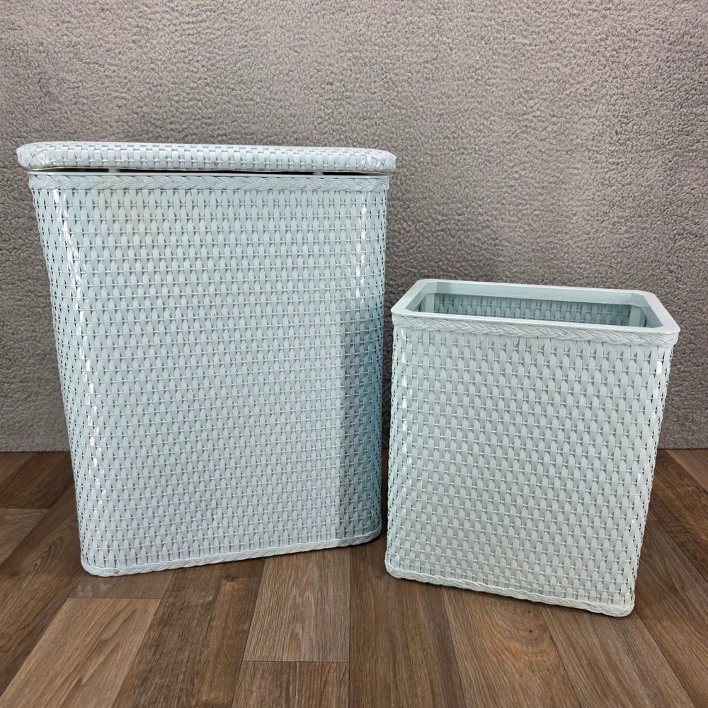 Vintage Redmon USA Wicker Laundry Hamper and Wastebasket Set Baby Blue Retro